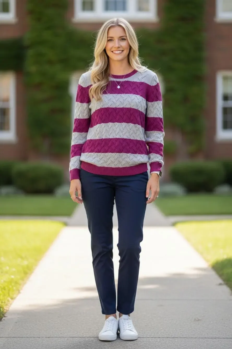 Lands End Womens Striped Drifter Cable Knit Sweater Size Large Purple Gray